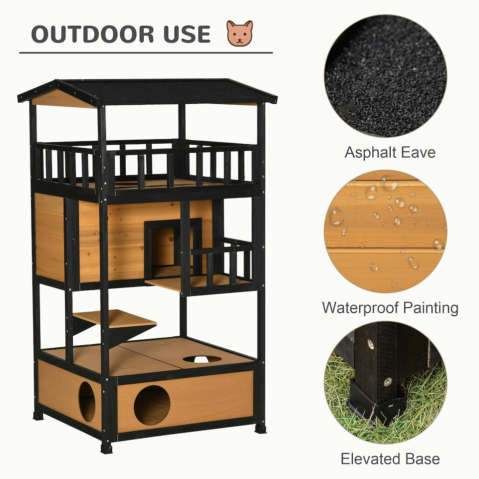 image 1 of PawHut Wooden Outdoor Cat House 3-Tier Kitten Shelter w/ Tilted Roof Yellow