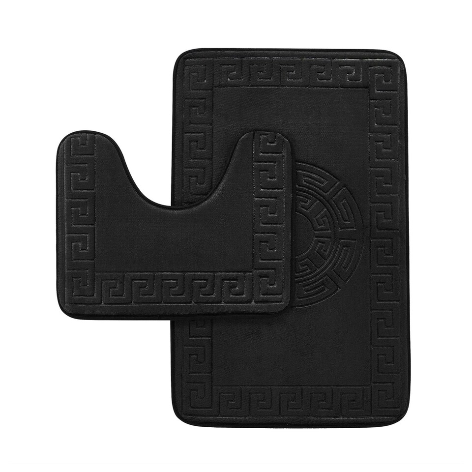 image 1 of VELVETIO Bath Mat Set Greek Pattern Anti Slip Memory Foam Toilet Rug | Black | 1