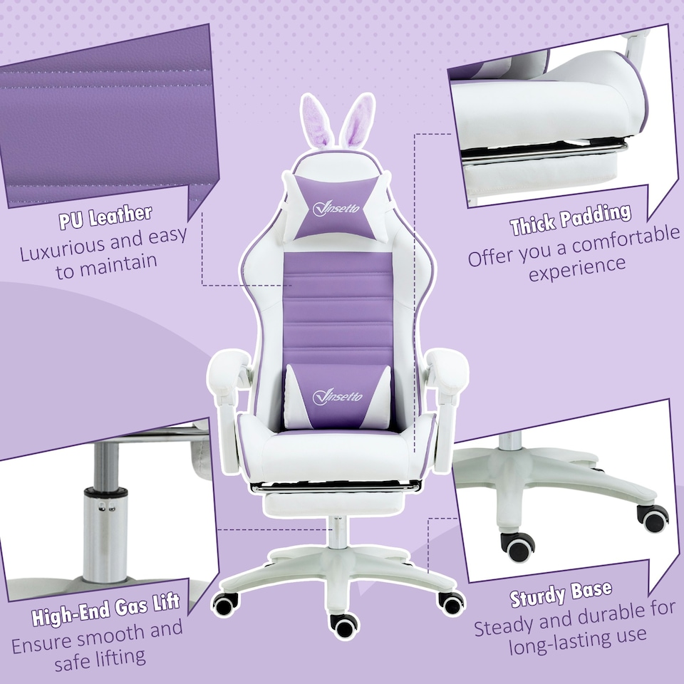 image 1 of Vinsetto Racing Style Gaming Chair with Footrest Removable Rabbit Ears, Purple