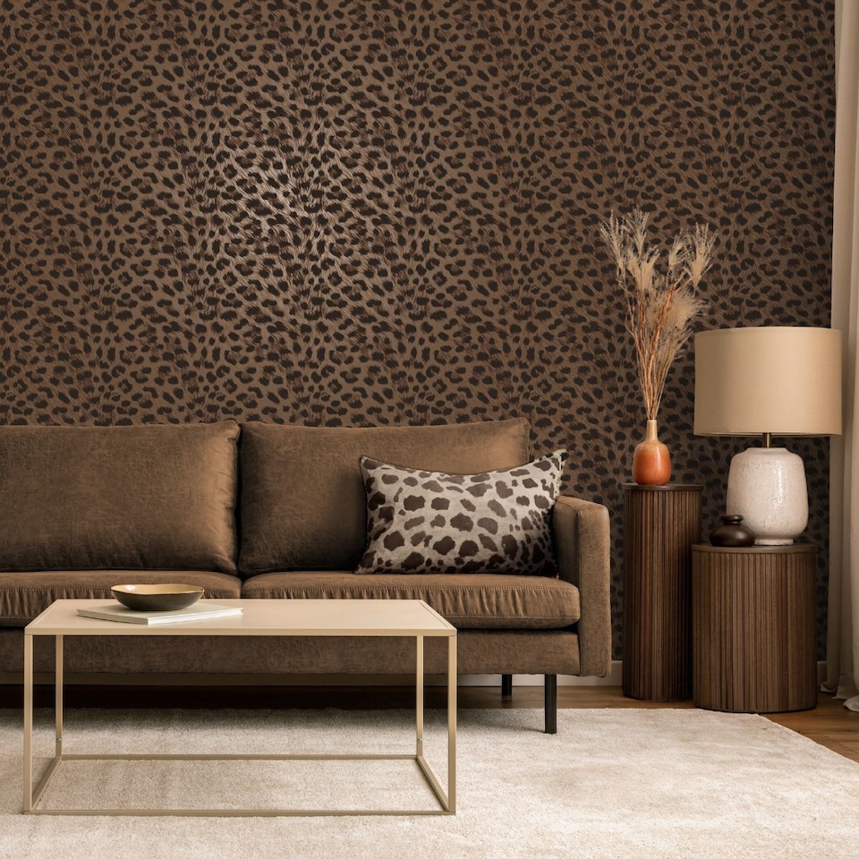 image 1 of Animal Print Wallpaper Brown Black Fur Effect Leopard Spots Modern Feature Wall