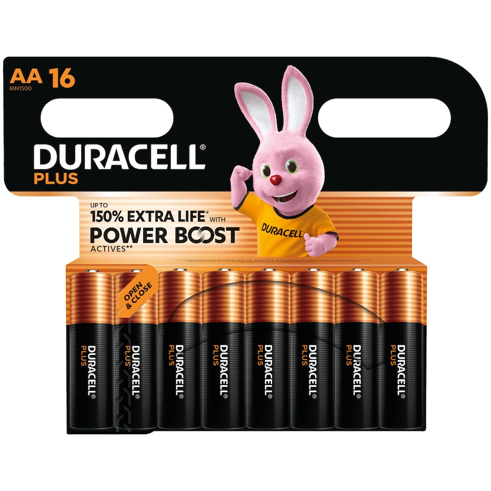 Duracell AA Plus Power Alkaline Batteries With Power Boost Actives, Pack of 16 | Black | AA