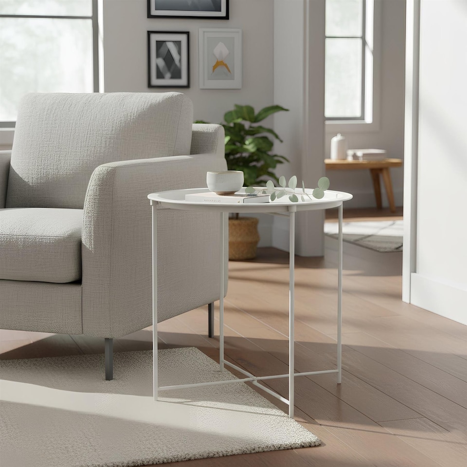 image 1 of Harbour Housewares Round Steel Tray Table - Matt White | White | Matt White