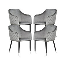 Set of 4 Verona Velvet Dining Chairs with Quilted Back & Black Legs - Modern Accent Chair with Silver Foot Tips | Grey