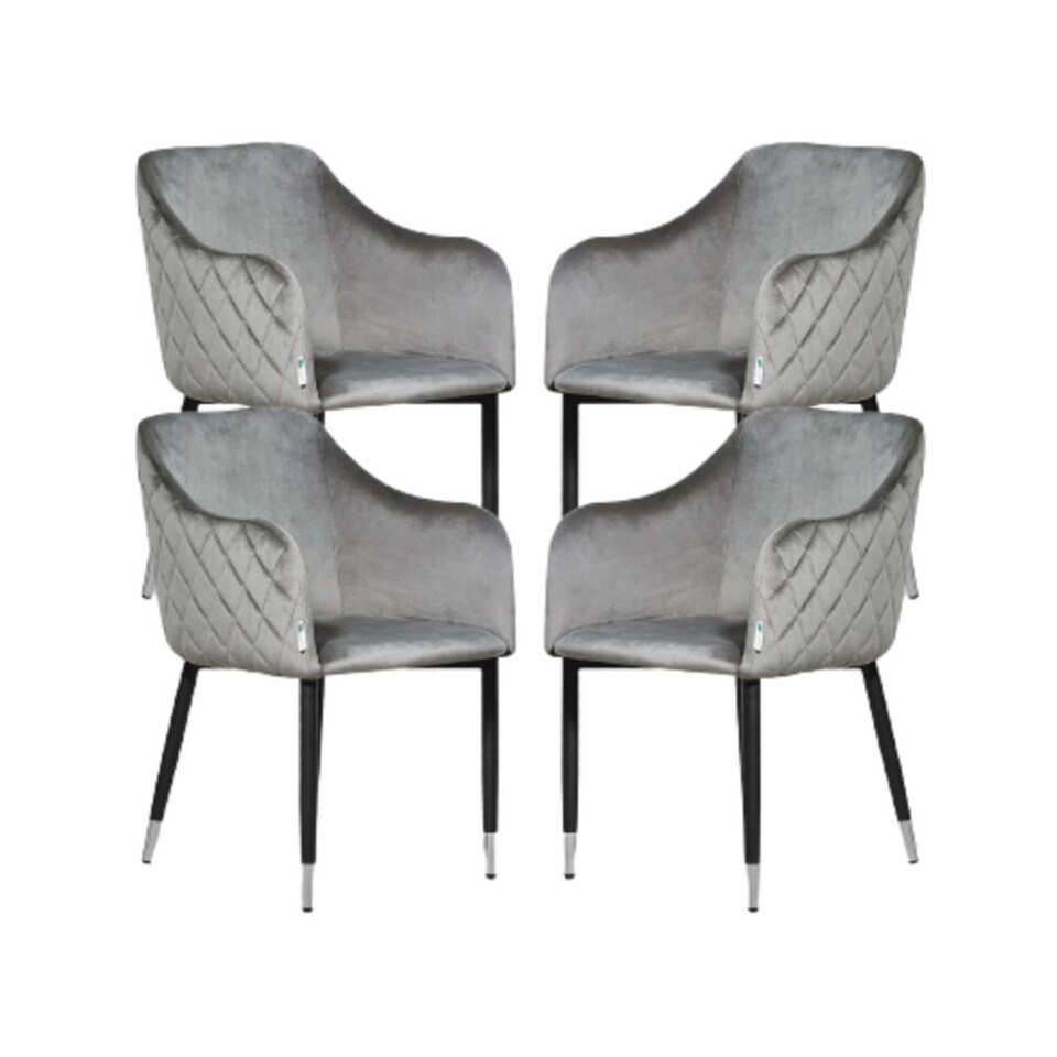 Set of 4 Verona Velvet Dining Chairs with Quilted Back & Black Legs - Modern Accent Chair with Silver Foot Tips | Grey