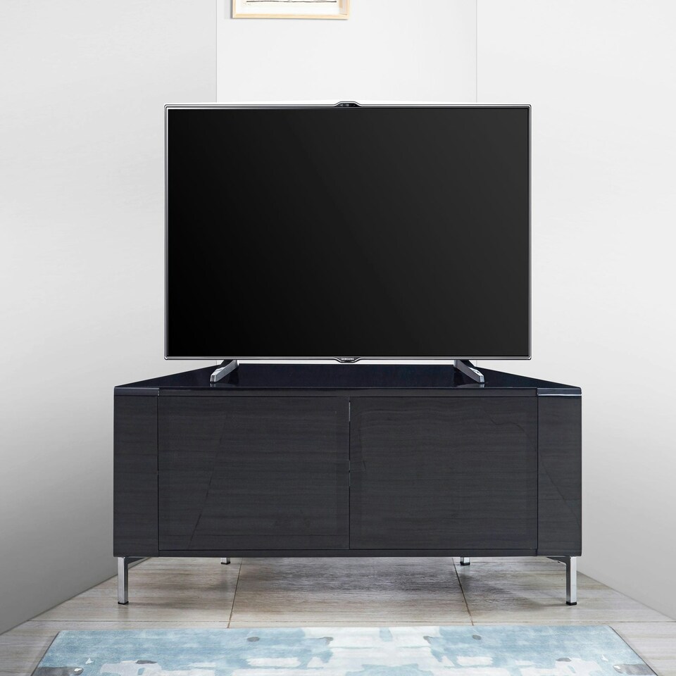 image 1 of MDA Designs CORVUS Corner-Friendly Gloss Black Contemporary Cabinet with BeamThru Glass Doors Modern Space-Saving Stand for Flat Screen TVs up to 50" Black