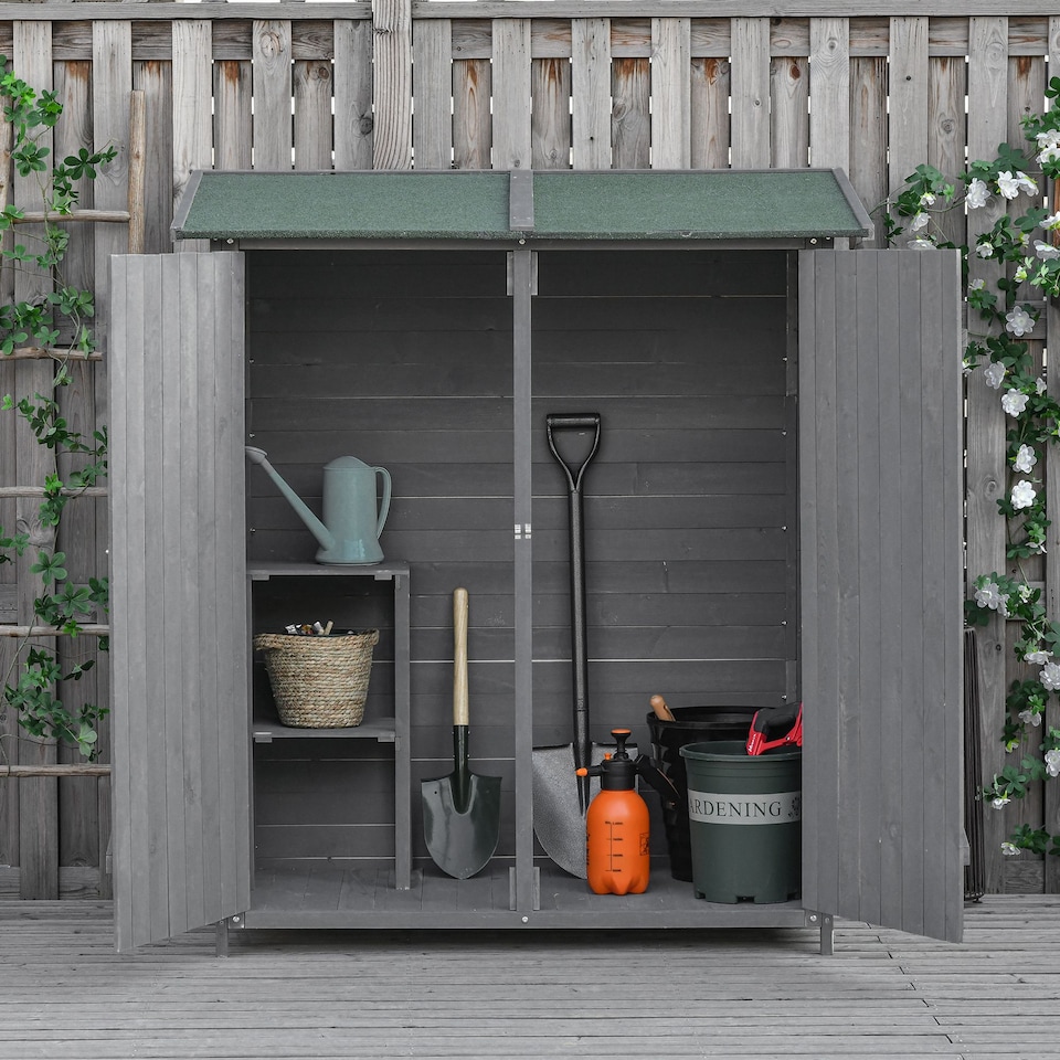 image 1 of Outsunny Small Shed, Wooden Garden Shed with Flexible Table, Hooks and Ground Nails, Lockable Tool Shed with Asphalt Roof, 140 x 75 x 157cm, Grey