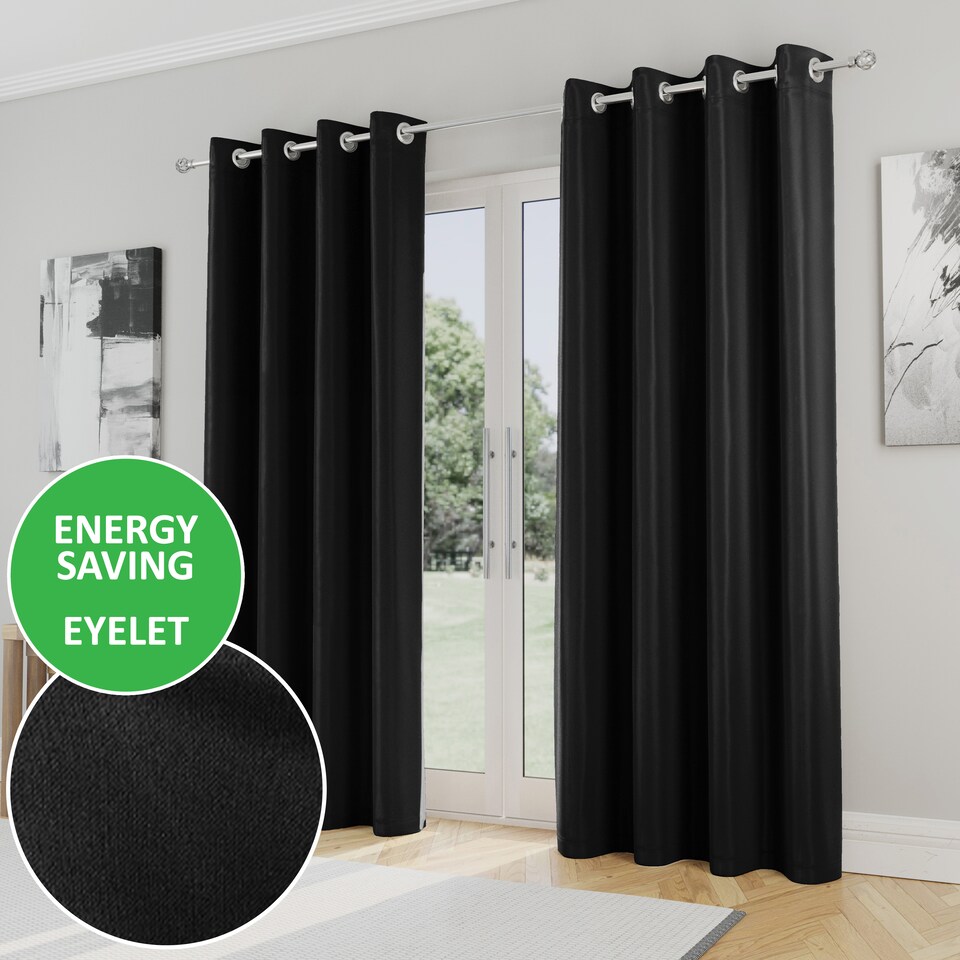 image 1 of Enhanced Living Nightfall Plain Supersoft Black Thermal Blockout Eyelet Curtains (PAIR) - 66 x 90 inch (168 x 229cm)