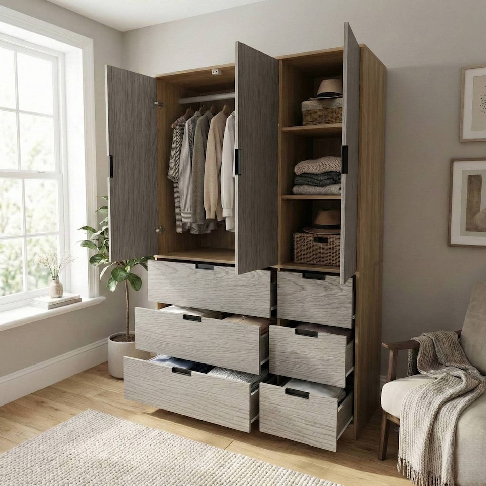 image 1 of RIGA 3 Door 6 Drawer Wardrobe | Brown | Oak & Cedar Grey | 10 x 44.5 x 79 | 1