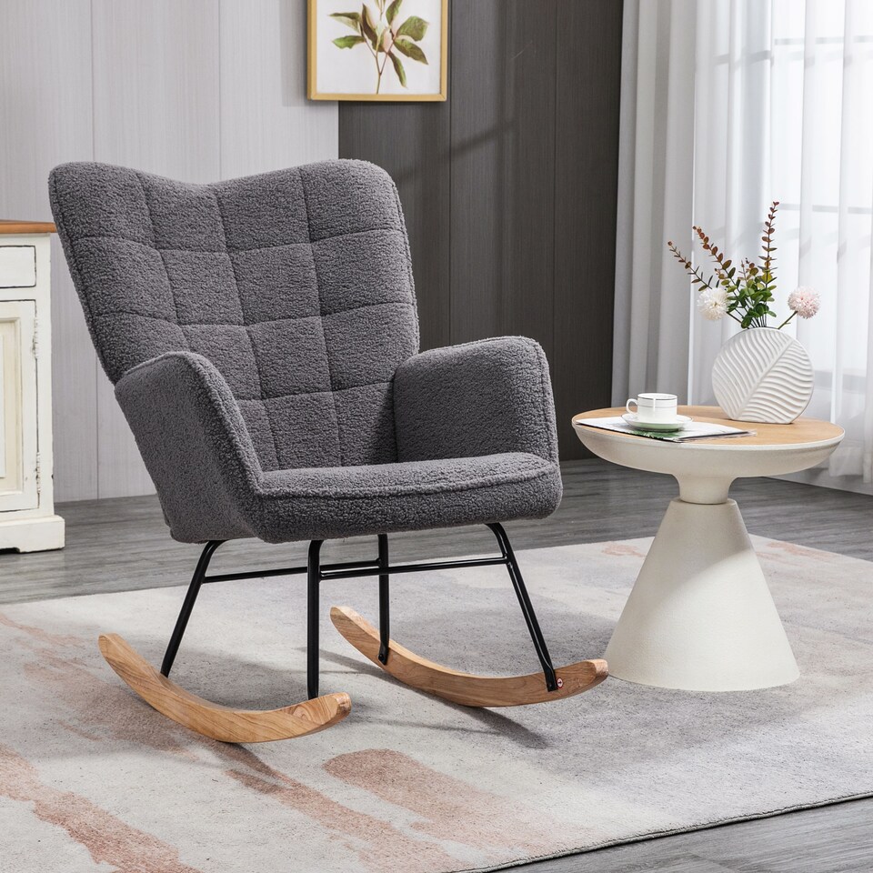 image 1 of HOMCOM Wingback Rocking Chair with Wooden Base, Upholstered Fleece Glider Rocker for Nursing, Modern Armchair - Dark Grey