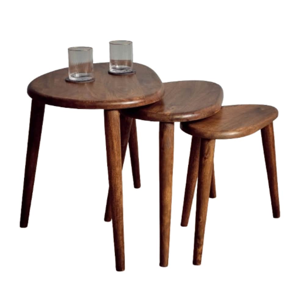 image 1 of 3 Piece Nesting Coffee Table Set – Solid Mango Wood Nest of Tables, Dark Oak Finish Wooden Side Tables for Living Room, Rustic Modern Sofa End Tables, No Veneer