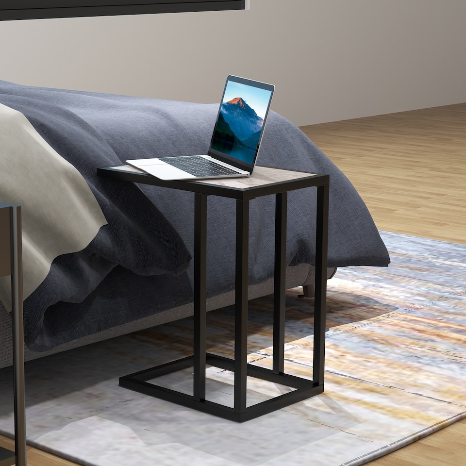image 1 of HOMCOM C Shape End Table withMetal Frame Sofa Side Table Narrow Snack Coffee Table for Living Room, Grey Marble Effect | Grey