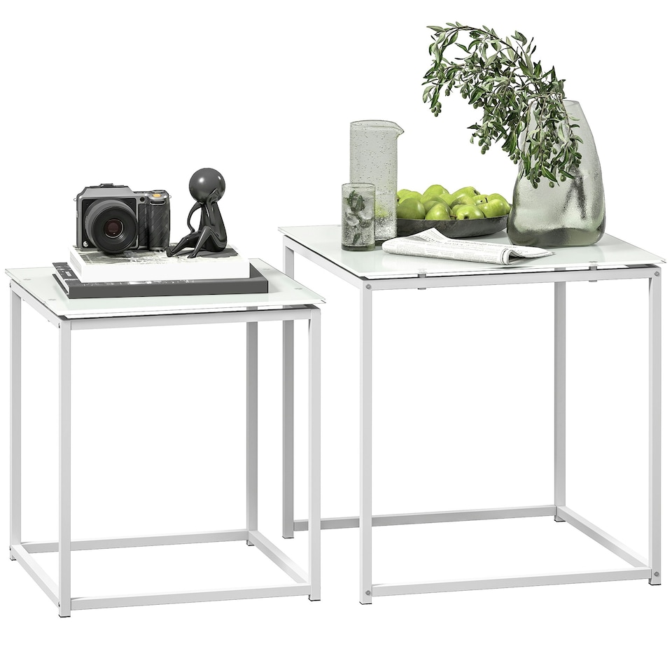 image 1 of HOMCOM Nest of 2 Side Tables Set of Bedside Tables for Living Room White White