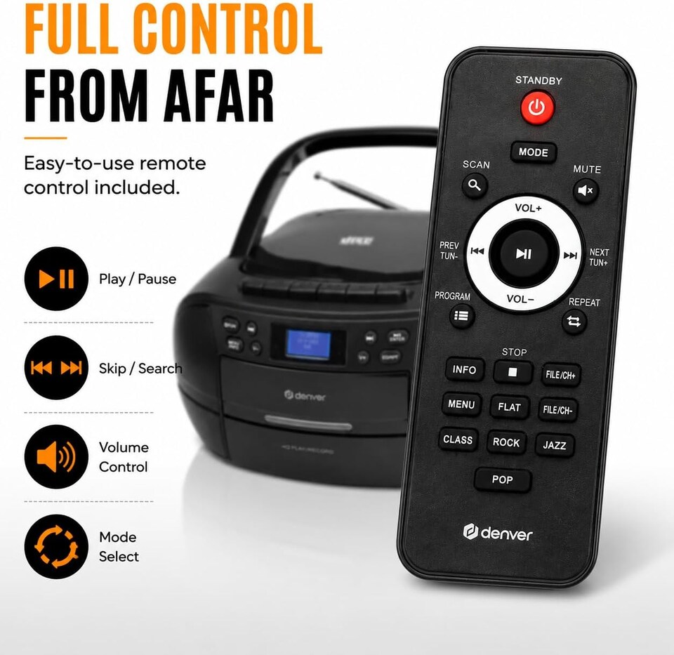 image 1 of Denver Portable Radio CD Tape Cassette Player With DAB Radio – Mains or Battery Power - TDC-280 | Black