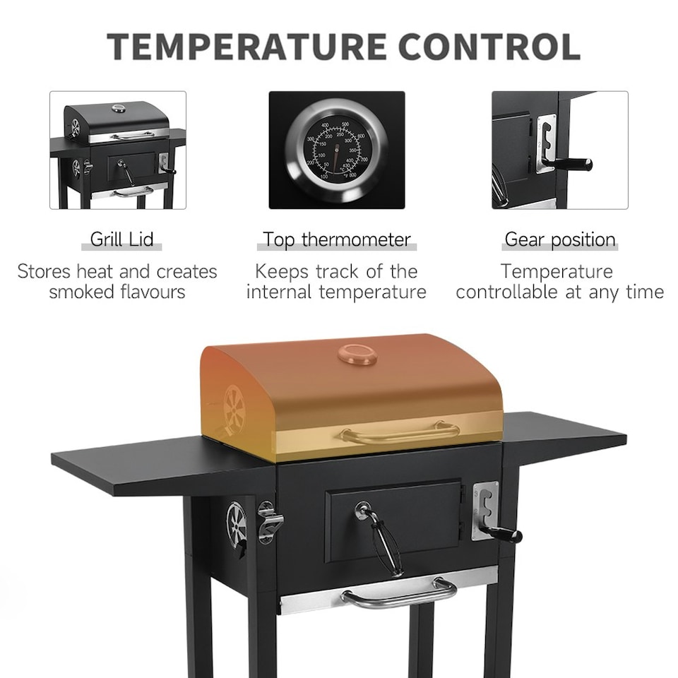 image 1 of Living and Home Outdoor Charcoal Grill with Side Tables - Black
