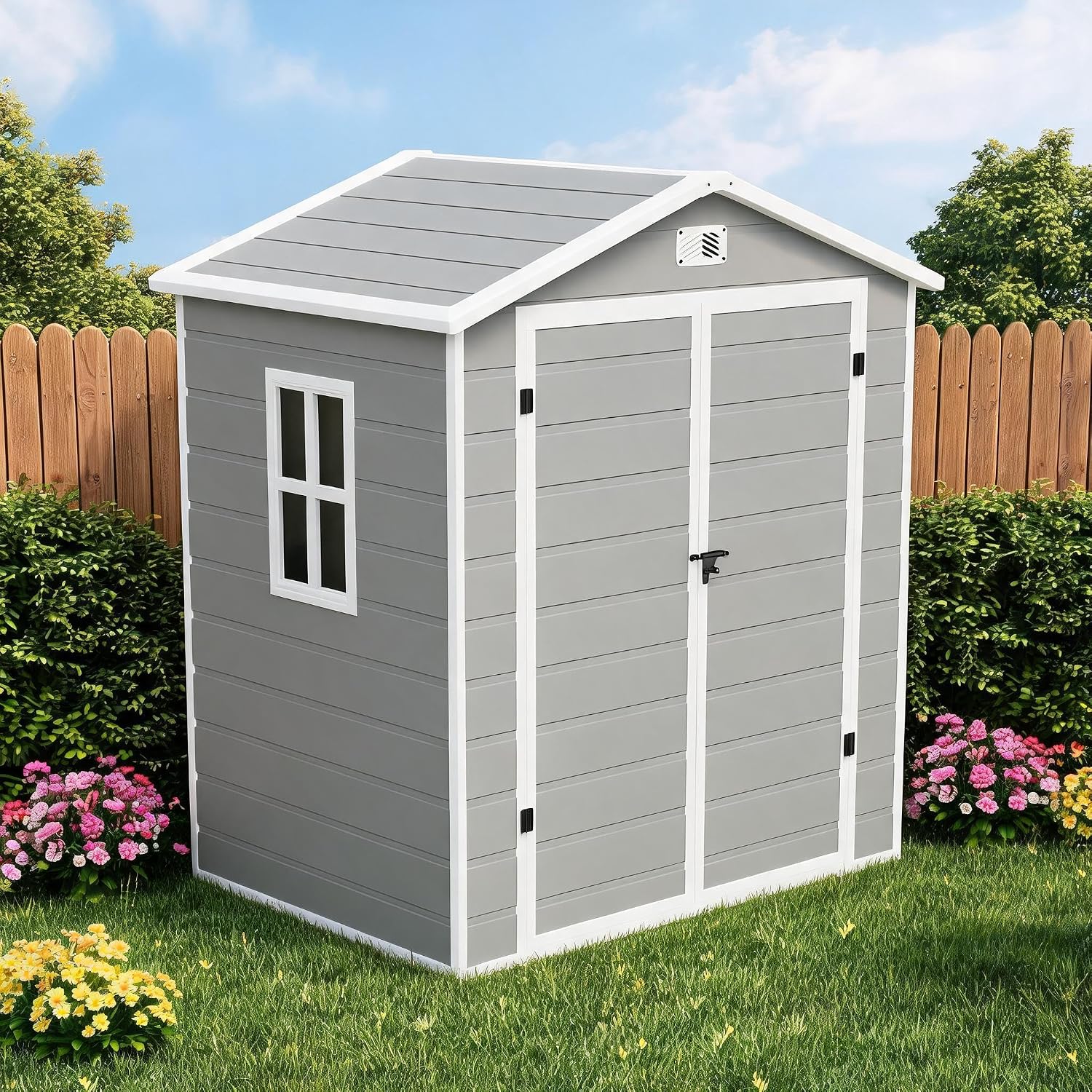 London Boutique Garden Storage Shed, 5 x 3 ft, HDPE Walls Lockable double doors help keep garden tools organised, apex roof, side window and vent supp