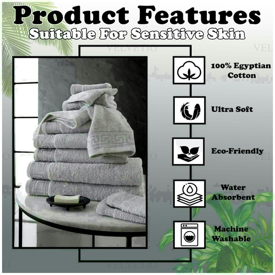 image 1 of VELVETIO 8 Piece Towel Bale Set Jacquard Greek Key Pattern - 100% Cotton, 450 GSM White