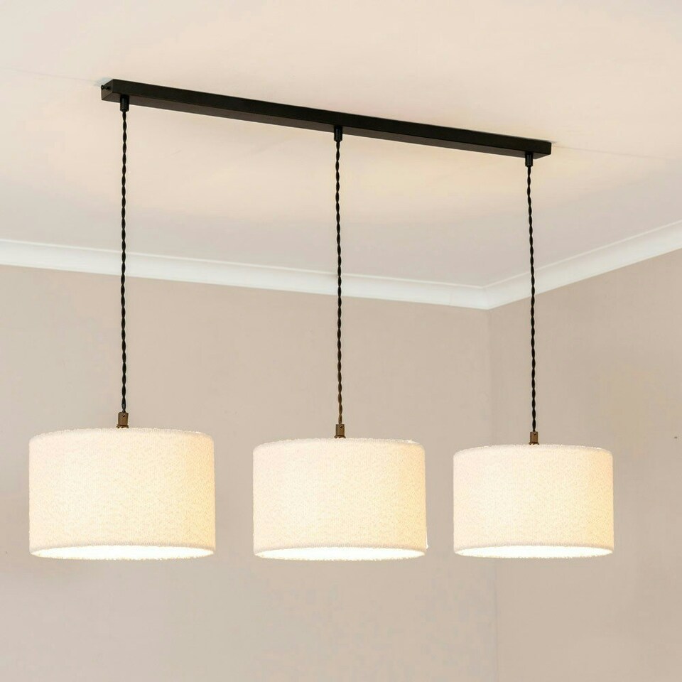 image 1 of ValueLights Reni Cream Boucle Drum Shade 3 Drop Bar Black Diner Ceiling Light with LED Bulbs Black