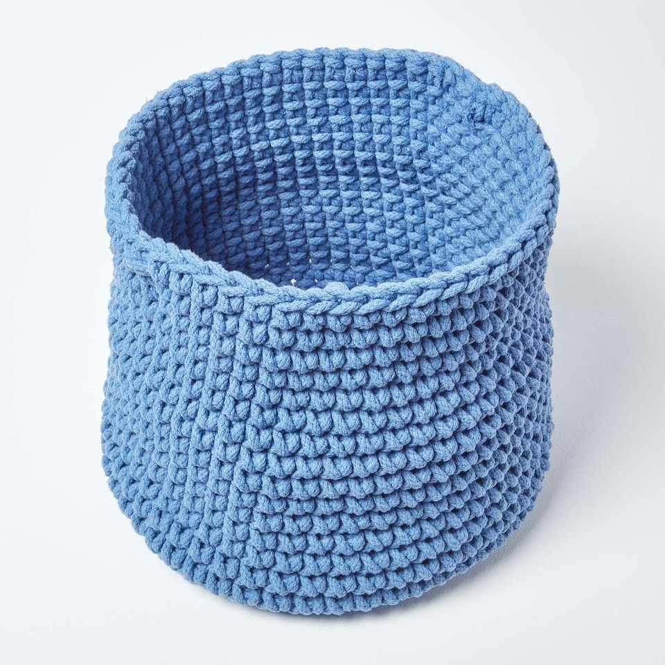 image 1 of Homescapes Blue Cotton Knitted Round Storage Basket - 42 x 37cm | Blue | L
