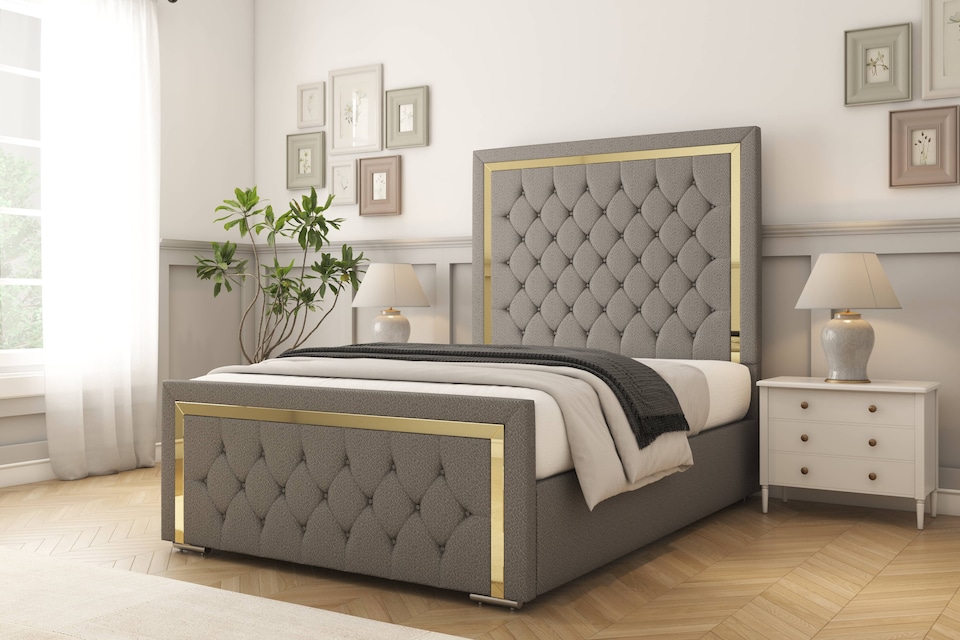 image 1 of Sloomy Sofia Gold Pewter Dumfries Bed Frame With 50" Upholstered Headboard 4'6 Double