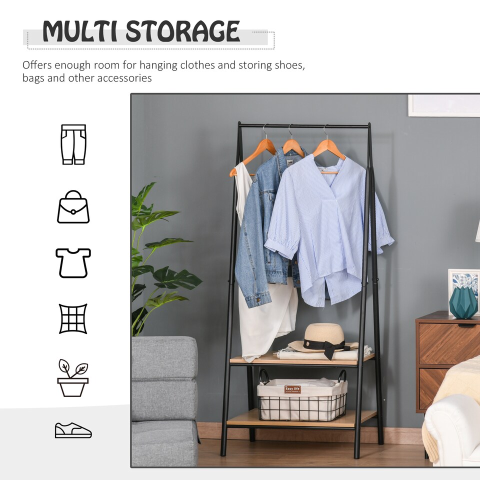 image 1 of HOMCOM Clothes Rail, Freestanding Metal Clothes Rack with 2 Tier Storage Shelves for Bedroom and Entryway, 64 x 42.5 x 149 cm, Black Frame