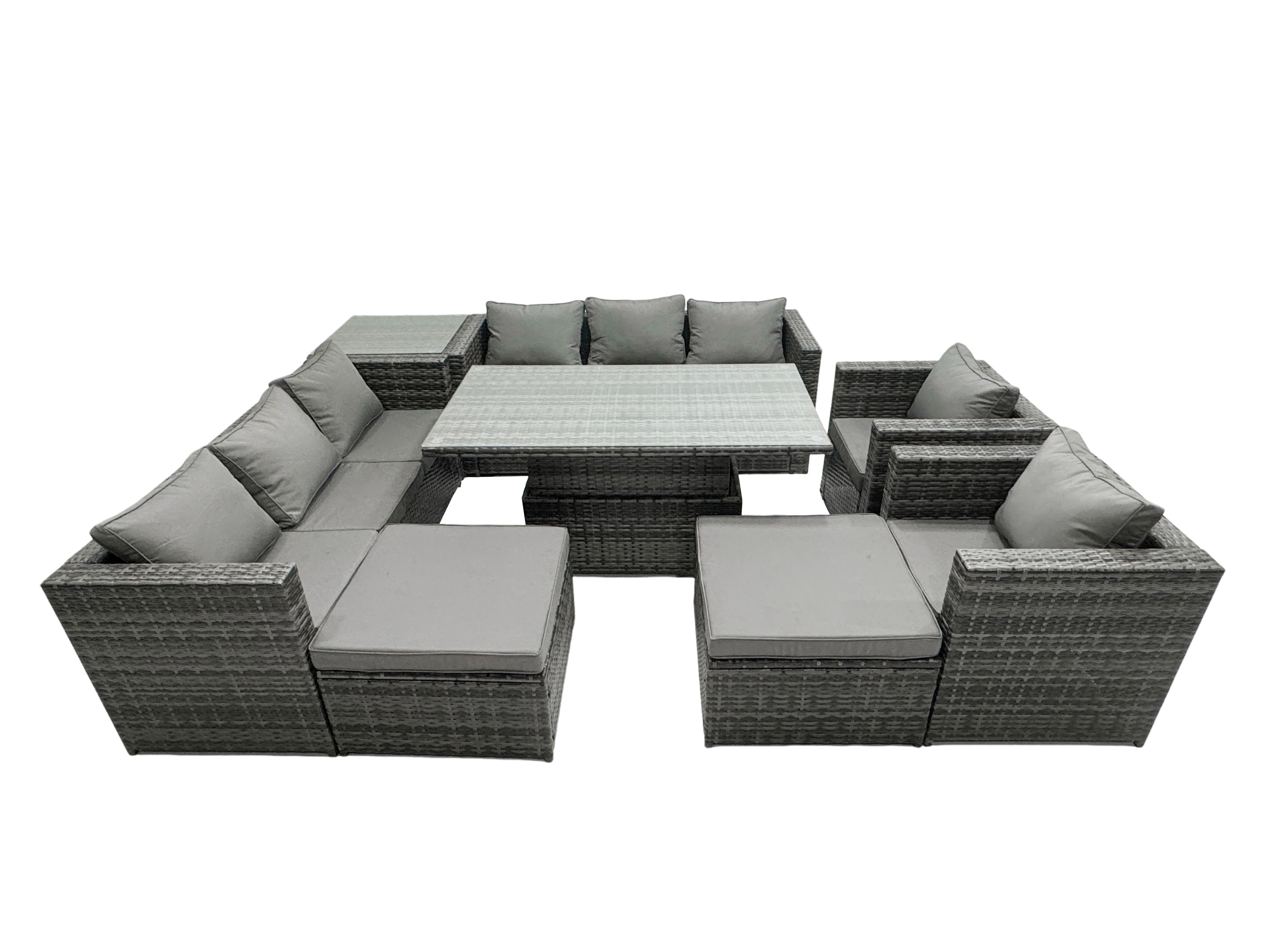 Fimous Rattan Dining Table Sofa Set with Side Table 2 Armchair 2 Stools Outdoor 10 Seat Garden Furniture Set Dark Grey Mixed