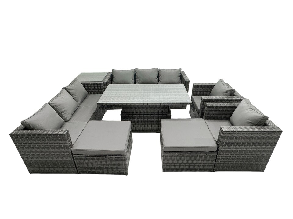 image 1 of Fimous Rattan Dining Table Sofa Set with Side Table 2 Armchair 2 Stools Outdoor 10 Seat Garden Furniture Set Dark Grey Mixed