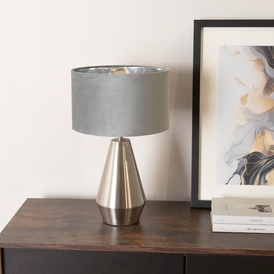 image 1 of ValueLights Jax Brushed Chrome Touch Table Lamp Grey Velvet Chrome Shade and Bulb