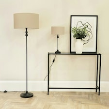 ValueLights Maggie Black Metal Candlestick Slim Table Lamp with Natural Fabric Drum Lamp Shade