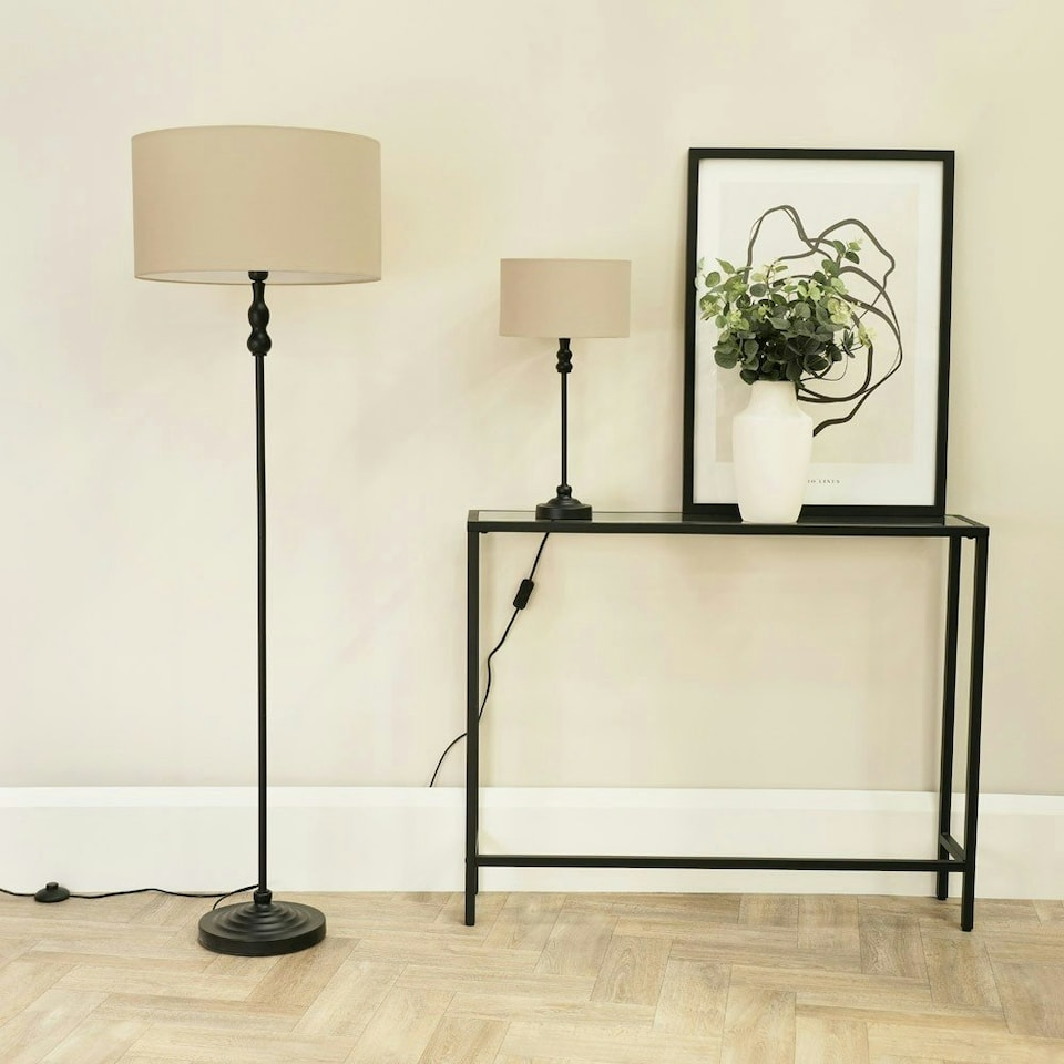 image 1 of ValueLights Maggie Black Metal Candlestick Slim Table Lamp with Natural Fabric Drum Lamp Shade