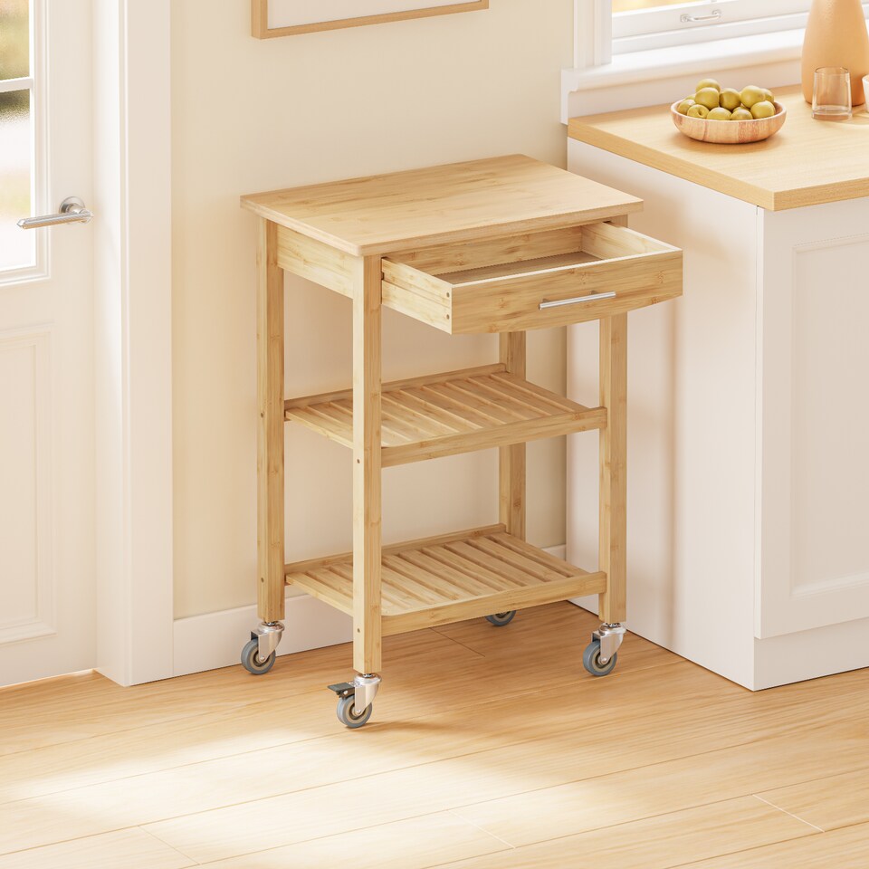 image 1 of SoBuy Kitchen Trolley with Drawer and 2 Shelves, Natural Bamboo, 22.8x15.7x33.8 in, 10.75 kg - FKW135-N