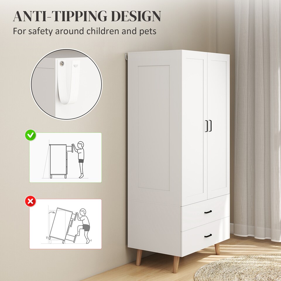 image 1 of HOMCOM Wardrobe with 2 Drawers Hanging Rail, 180 cm Storage Closet, White