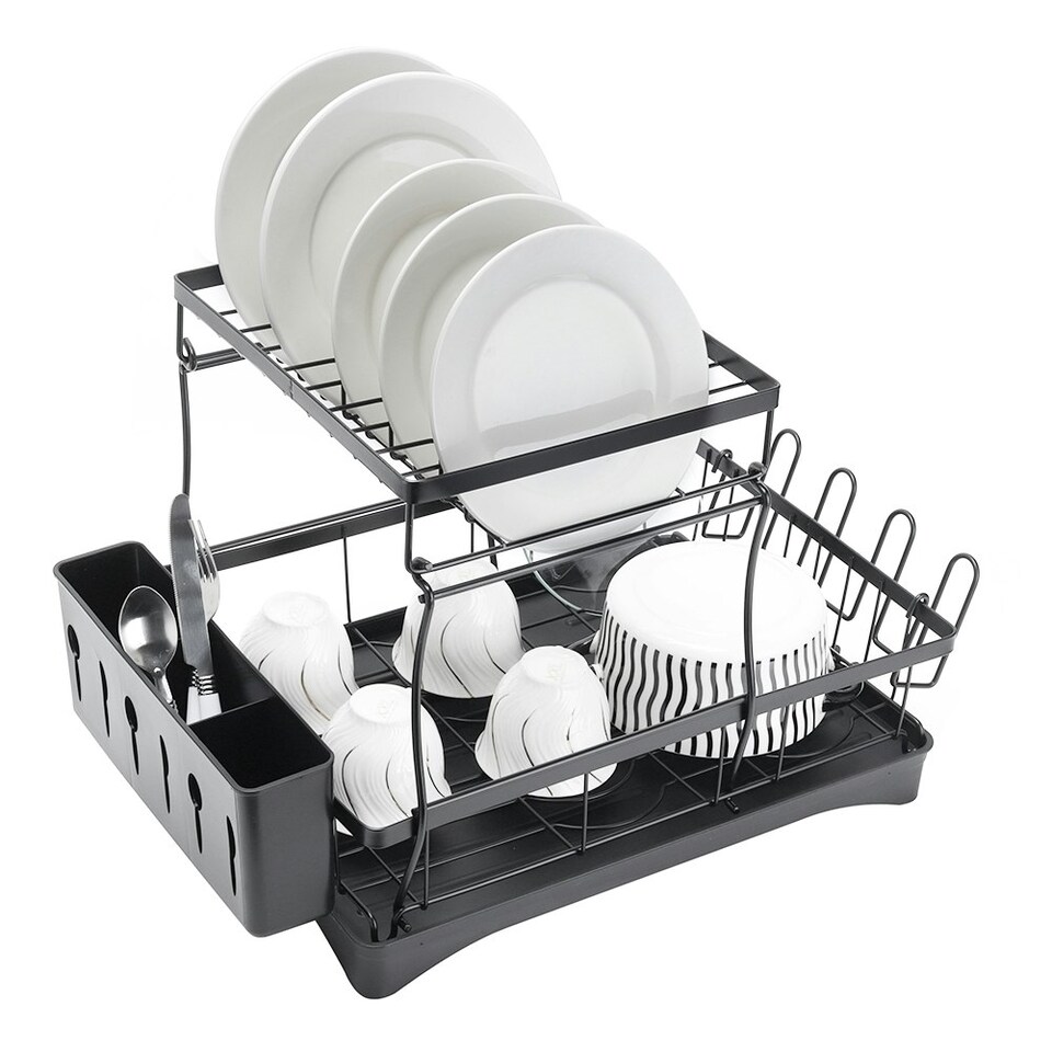 image 1 of Living and Home Steel Dish Rack with Utensil and Glass Holder - Black