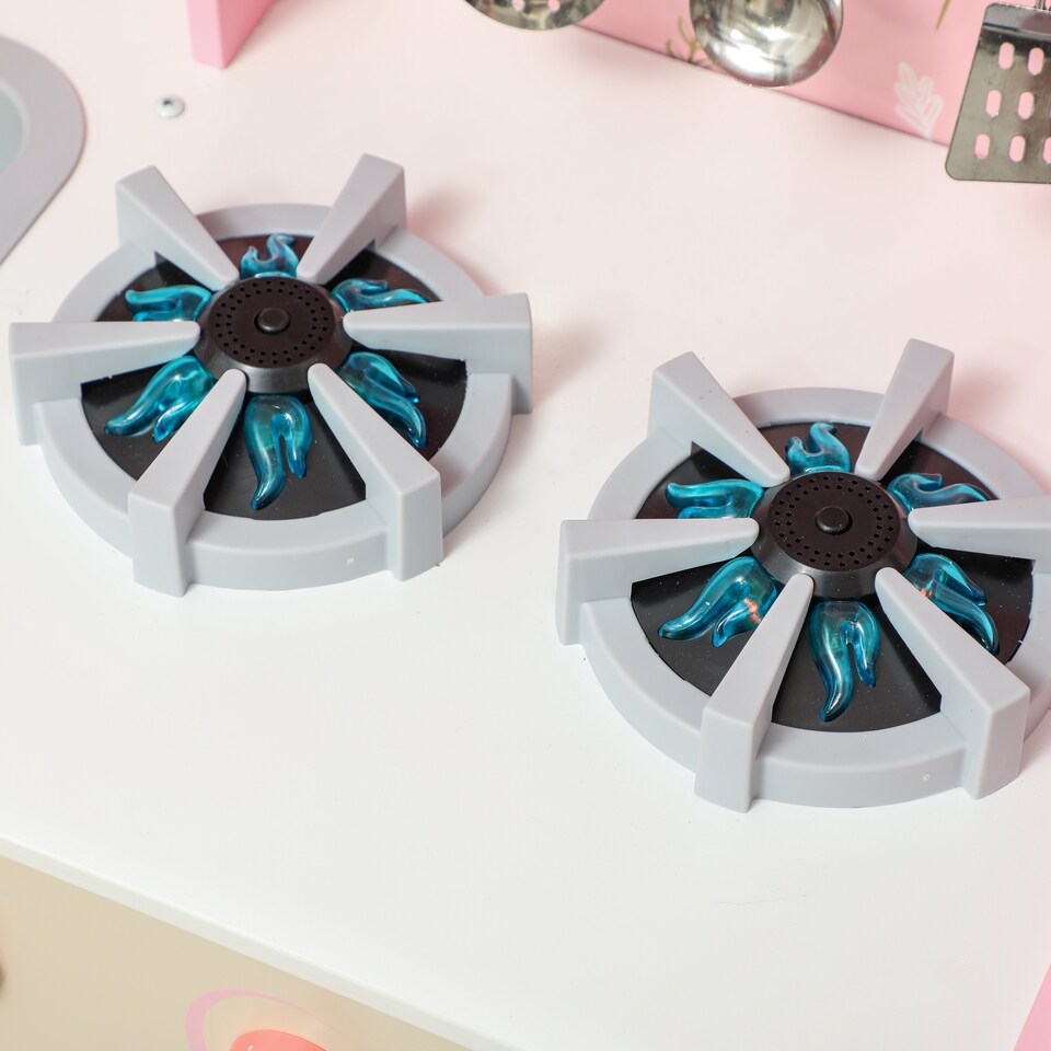 image 1 of AIYAPLAY Toy Kitchen, Pretend Role Play Kitchen, Kids Kitchen Set with Lights and Sounds, Double Stoves, Ice Maker, Chalkboard, Microwave, Oven, Sink, 5 Accessories, Pink