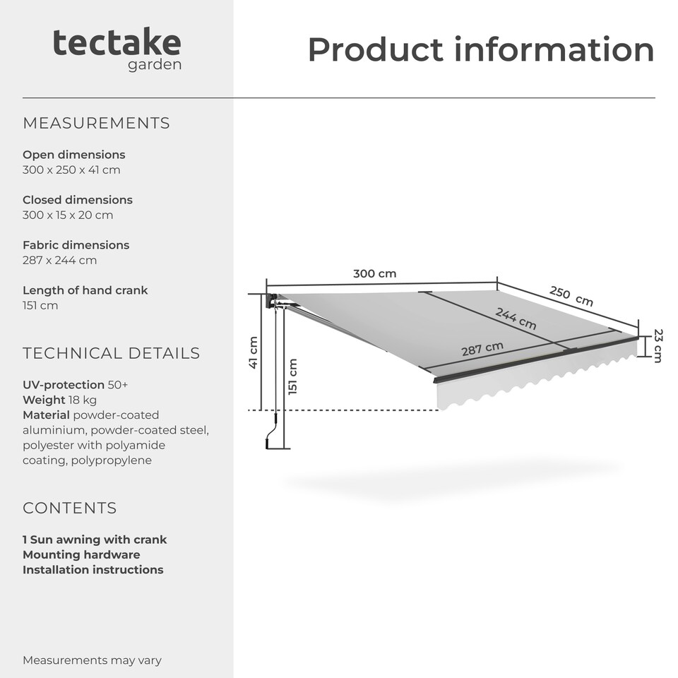 image 1 of Retractable Awning Ornella - wall bracket incl, easy adjustment, and UV blocking | Grey | light grey | 300 x 250 cm | 1