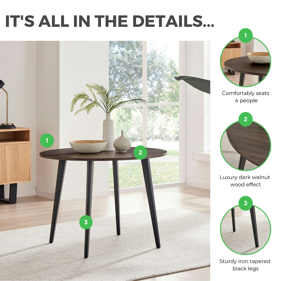 image 1 of Furniturebox Koko Walnut Wood Effect Round Dining Table Black Legs 100cm