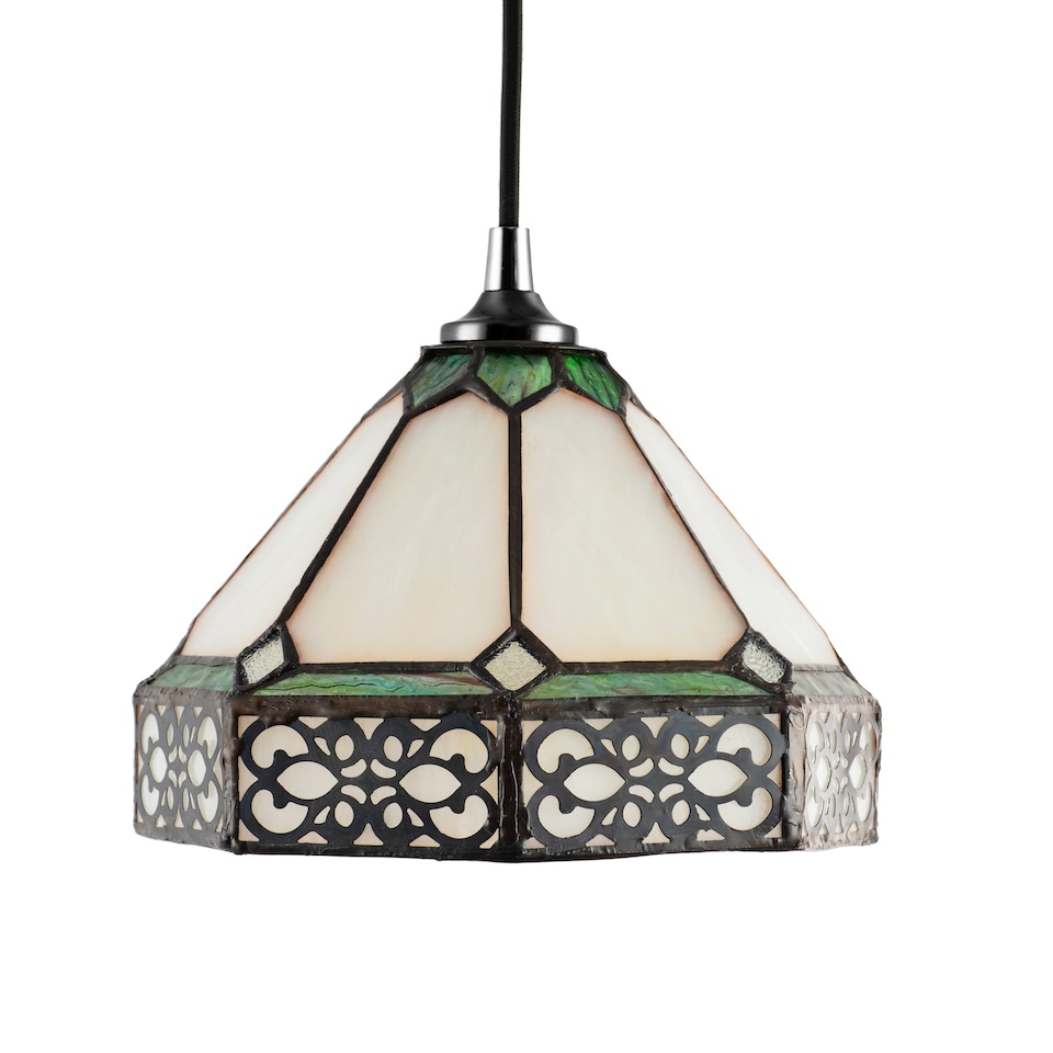 image 1 of Classic 1920s Shabby Chic Pendant Light Shade with Metal Scrollwork Decoration | Green
