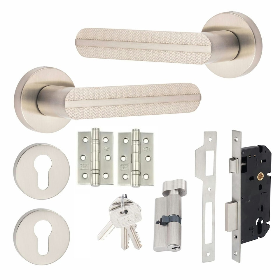 image 1 of Golden Grace Modern Lima Knurled Euro Lock Door Handles in Satin Nickel Finish with 70mm Key and Thumbturn Barrell Grey