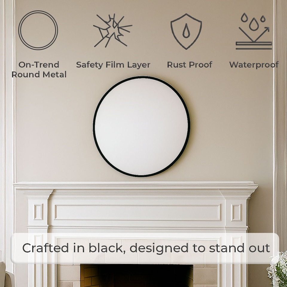 image 1 of Neo 40cm Black Round Metal Frame Wall Mirror Float Glass HD Reflection Anti Rust Moisture Proof Wall Mounted Bathroom Bedroom Hallway Living Room Vanity | Black | Black