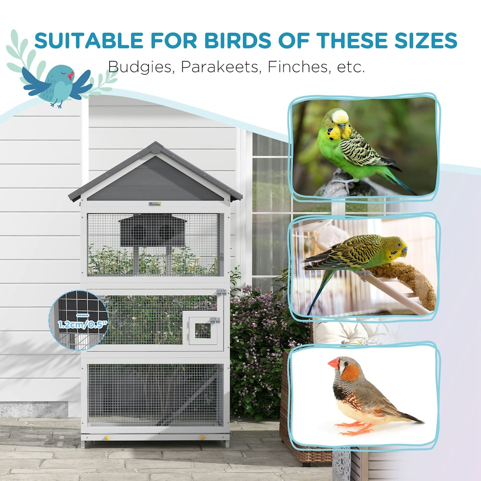 image 1 of PawHut Bird Cage w/ Stands for Finches, Parakeets, Small Birds - Grey