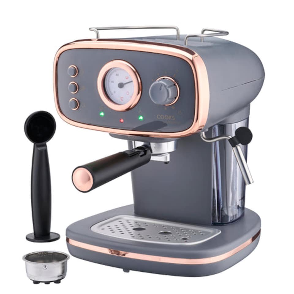 image 1 of Cooks Professional 15-Bar Retro Espresso Coffee Machine 1.2L with Frothing Steam Wand | Grey | Grey & Copper