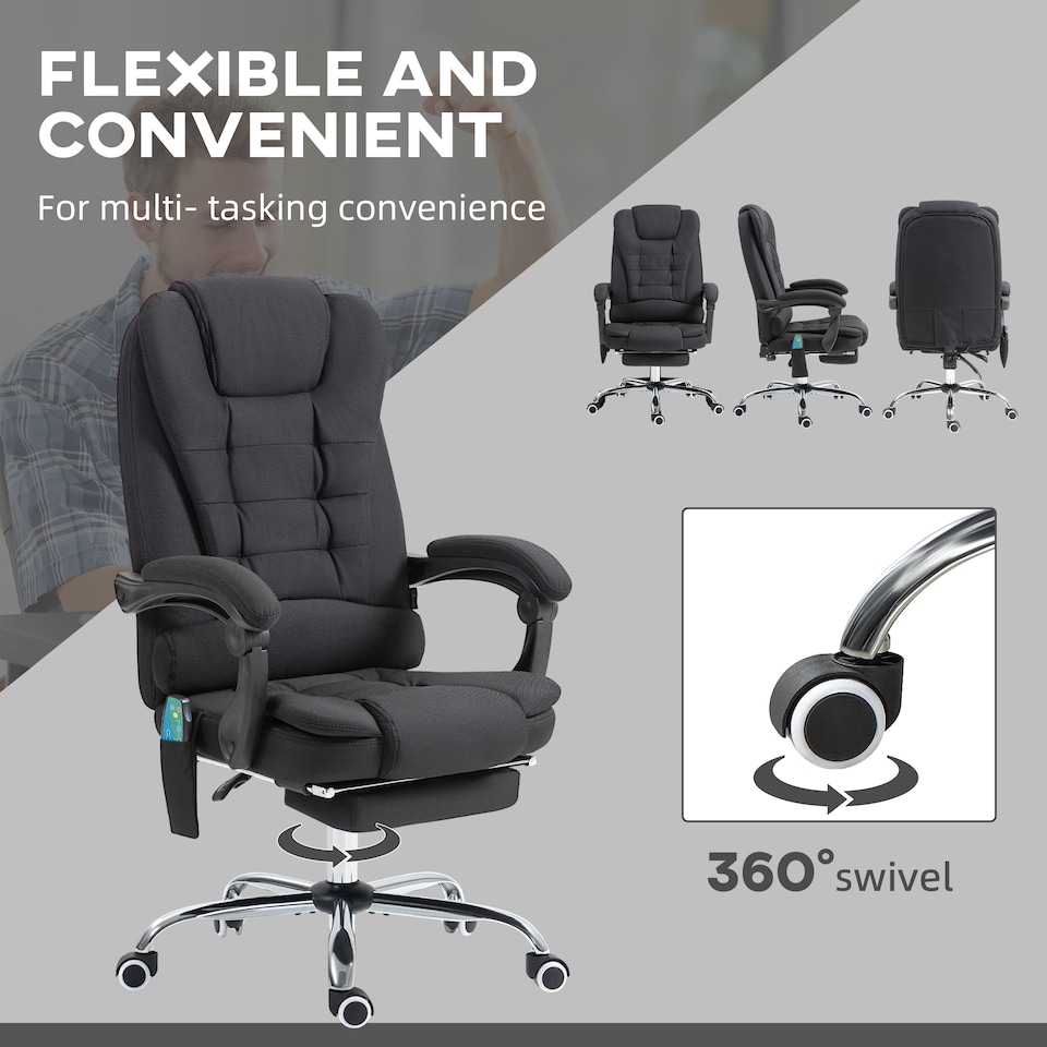 image 1 of Vinsetto Office Chair with 6 Point Massage and Back Heat, Linen Desk Chair with Footrest Adjustable Height and Swivel Wheels, Back Reclining, Black