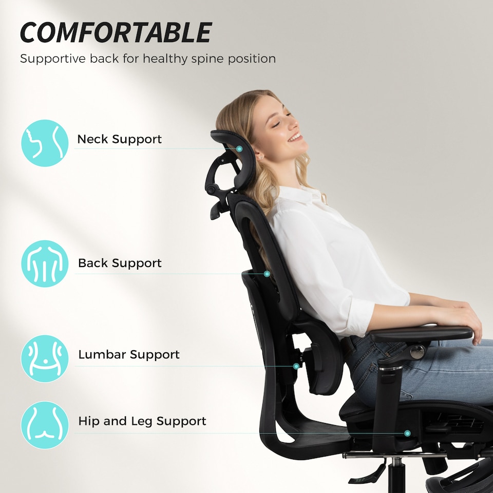 image 1 of HOMCOM Ergonomic Office Chair, High Back Mesh Desk Chair with Reclining Separated Backrest, Lumbar Support, 5D Flip-up Armrests, Adjustable Headrest, Tilt Function, Footrest for Home Office, Black