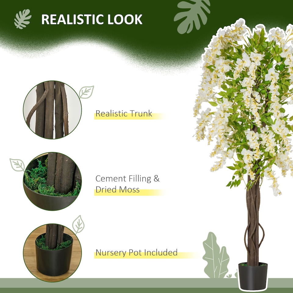 image 1 of HOMCOM Artificial Realistic White Wisteria Tree FauDecorative Plant in Nursery Pot for Indoor Decor, 160cm