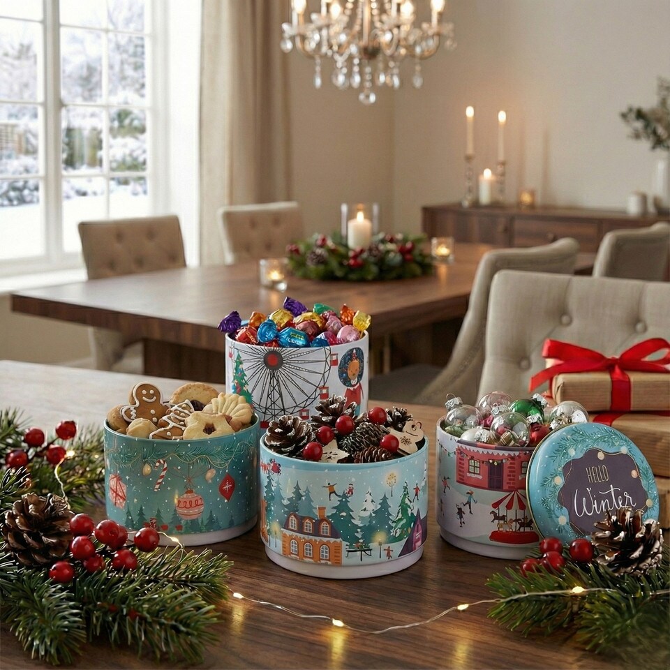 image 1 of Christmas Metal Storage Mini Tins Set Nesting Stacking Containers Festive Design | Multi | Teal