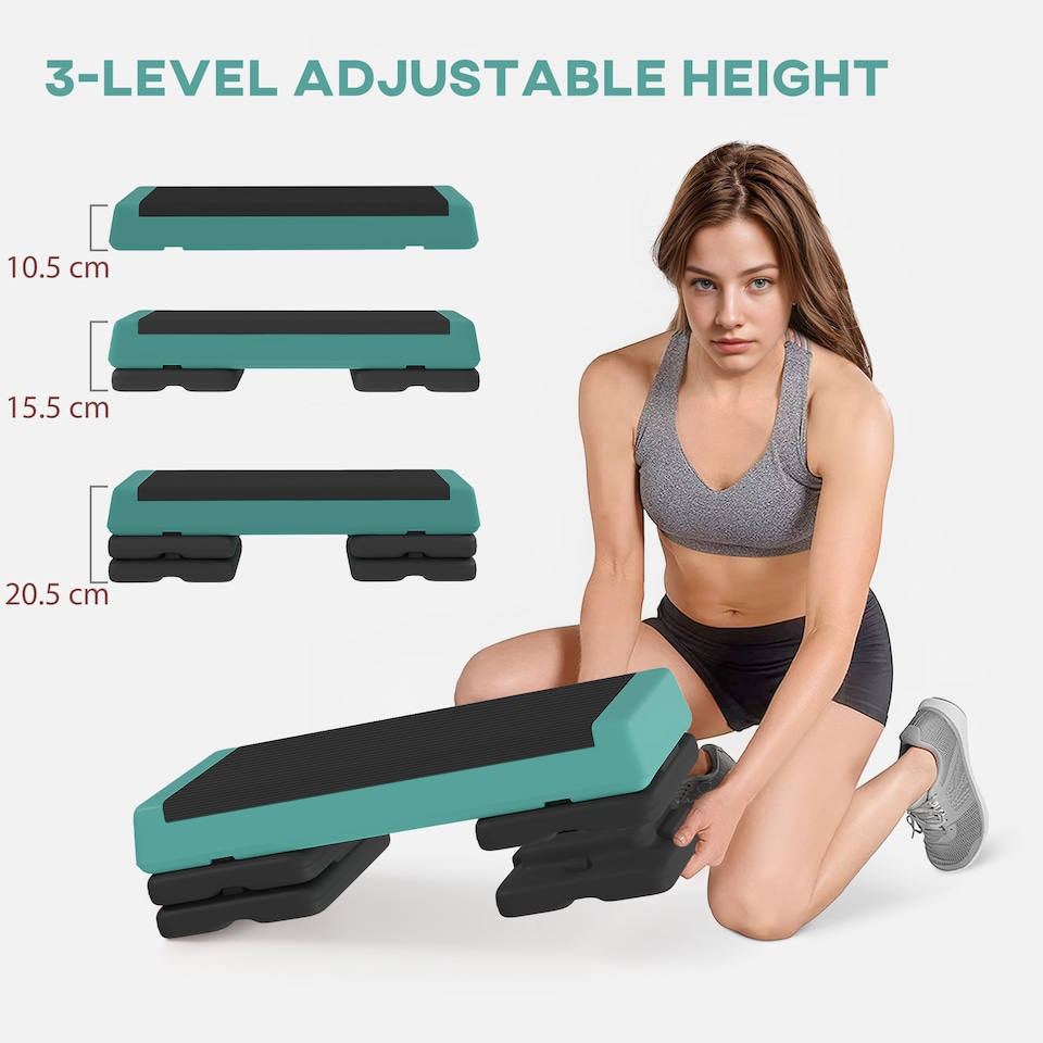 image 1 of SPORTNOW Fitness Stepper, 3-Height Adjustable Aerobic Step, Non-Slip Exercise Step Board for Home Gym Office Workout, 10.5cm, 15.5cm, 20.5cm, Green