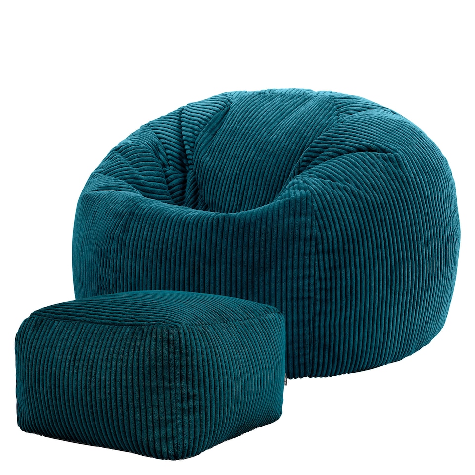 image 1 of Kingston Cord Adults Bean Bag Chair and Pouffe, Ready Filled Beanbag and Footstool Teal | Green | Teal Green | 2