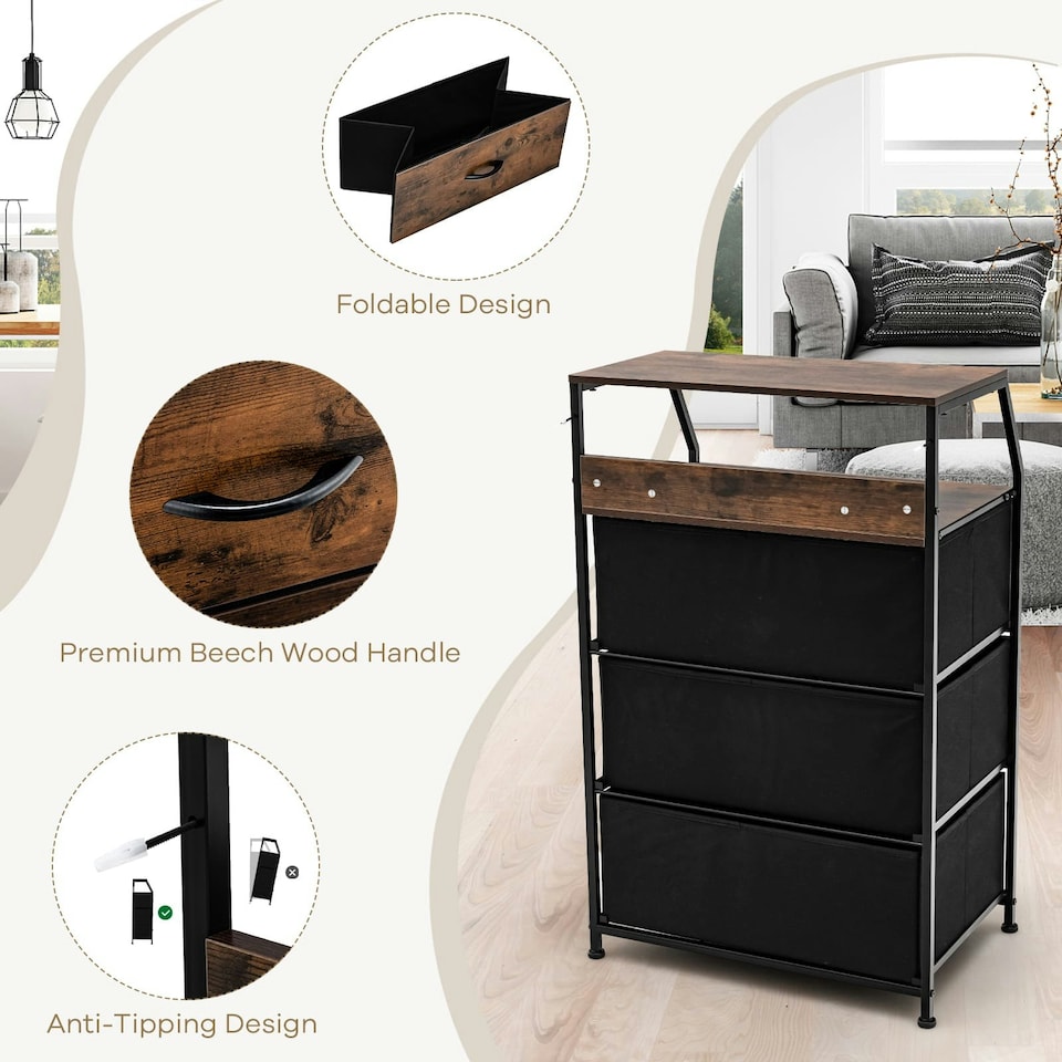 image 1 of COSTWAY 3-Drawer Storage Cabinet Dresser Organizer W/ Shelf Brown