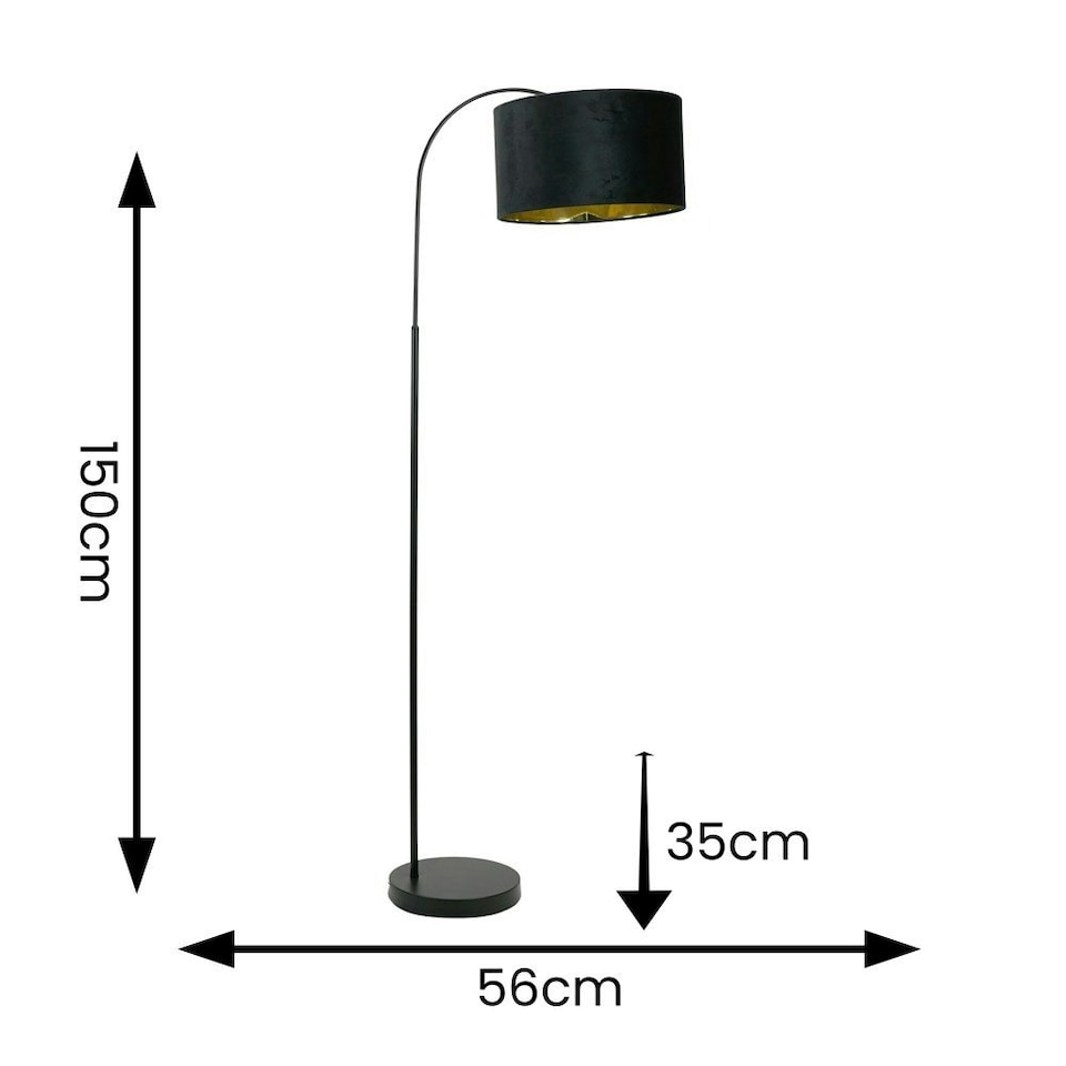 image 1 of ValueLights Curva Black Arched Floor Lamp with Black Velvet and Gold Inner Lamp Shade & Bulb