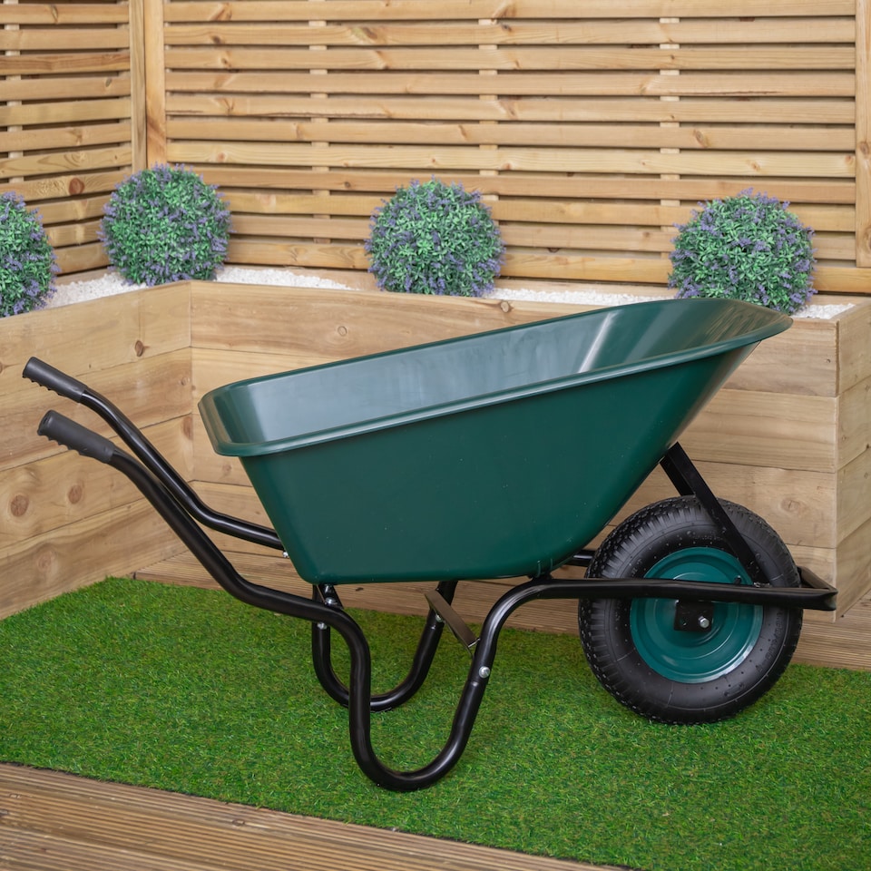 image 1 of 110 Litre 150kg Capacity Heavy Duty Outdoor Pneumatic Plastic Garden Wheelbarrow in Green