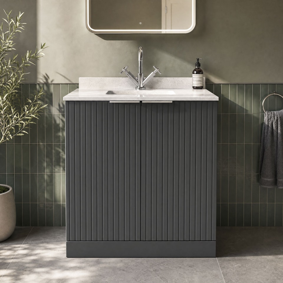 image 1 of Balterley Callingwood Contemporary Floor Standing 2 Door Vanity Unit with Marble Worktop with Basin , 800mm, Dark Grey